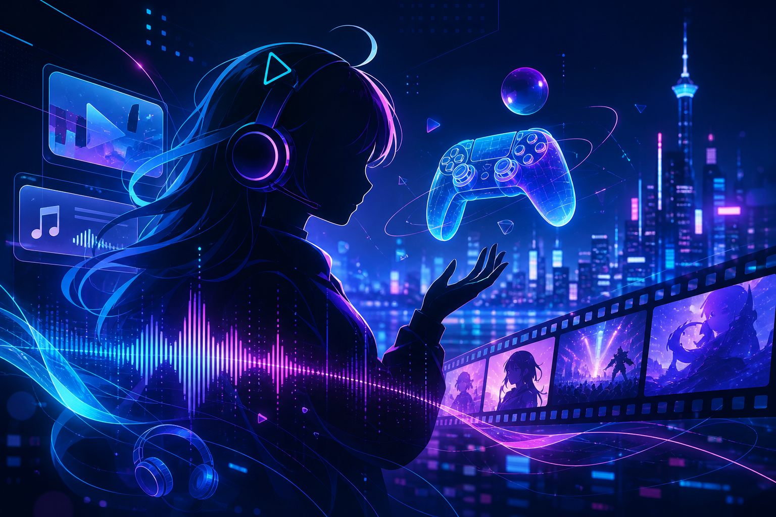 AI VTuber、ゲーム、音楽、映像制作をイメージしたAIエンタメ通信のキービジュアル