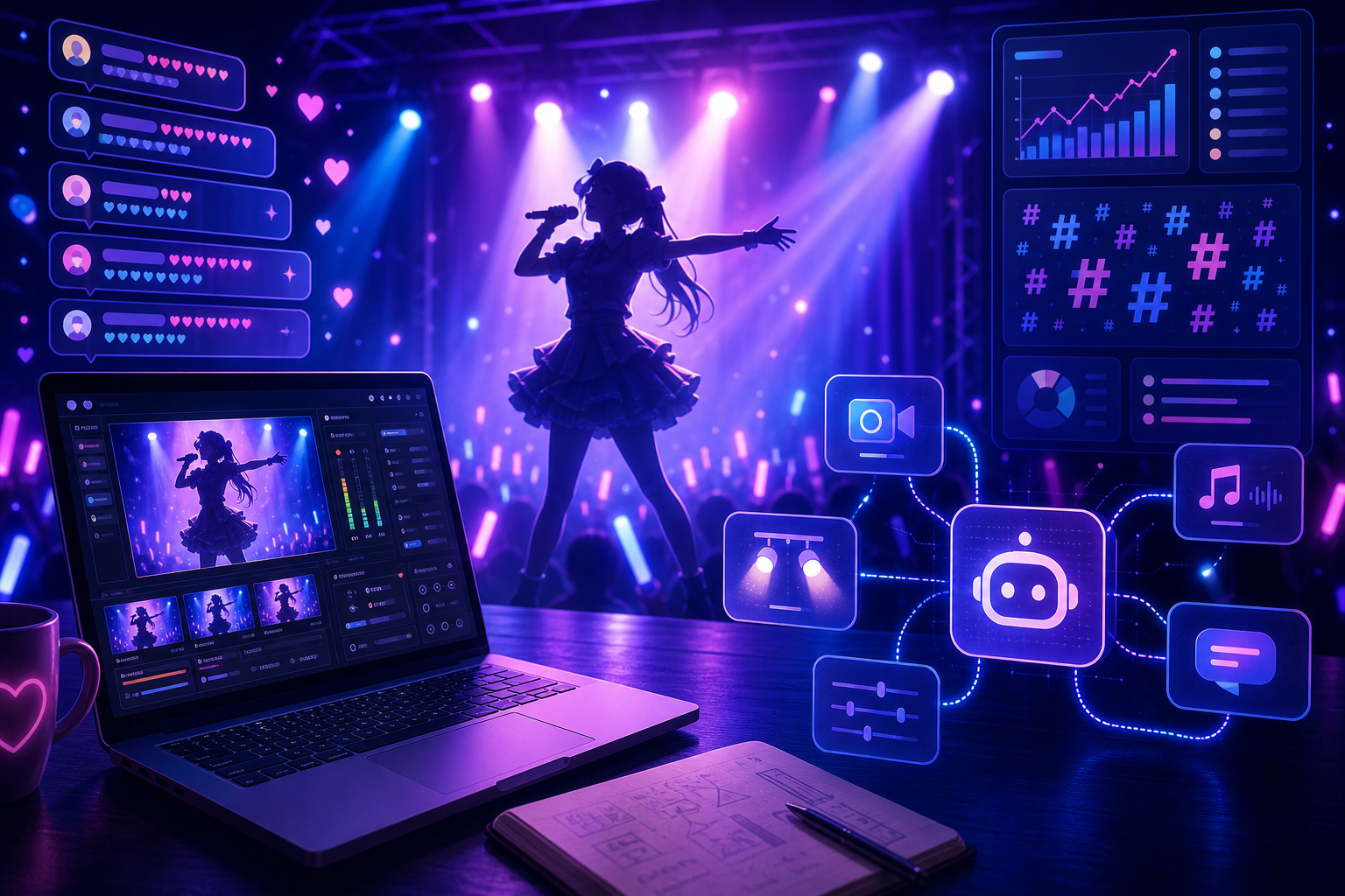 AIで配信システムを構築するクリエイター向けデスクと配信画面のビジュアル