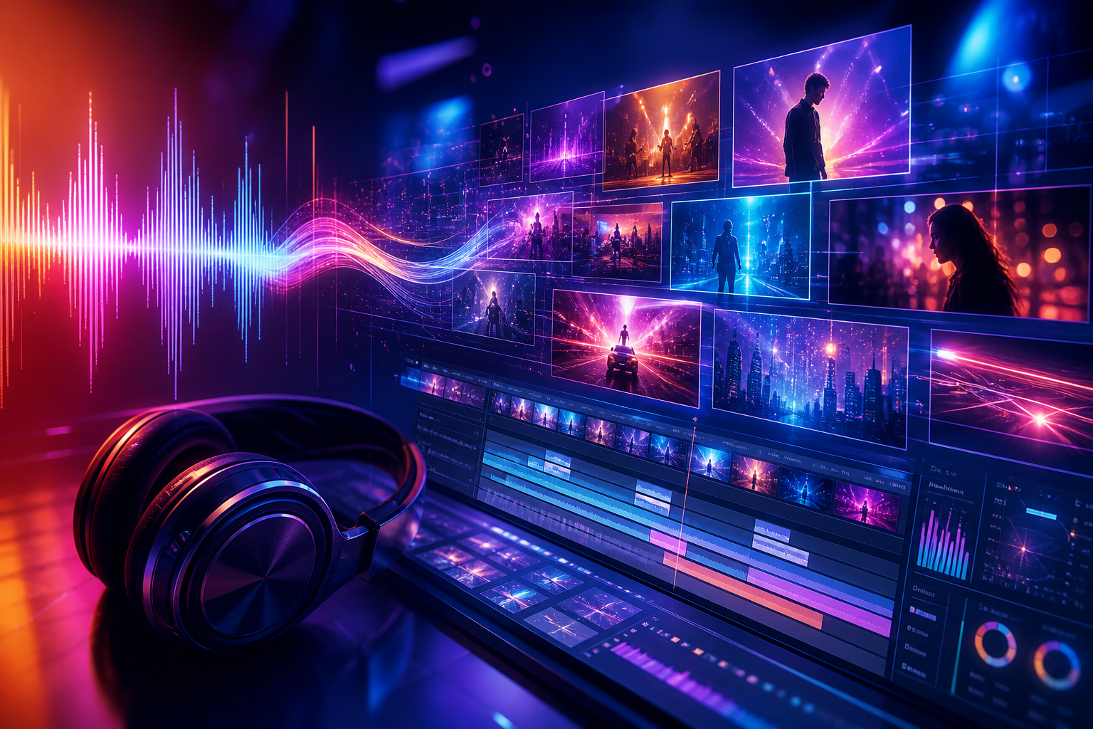 音楽波形からAIミュージックビデオが作られる制作画面のビジュアル