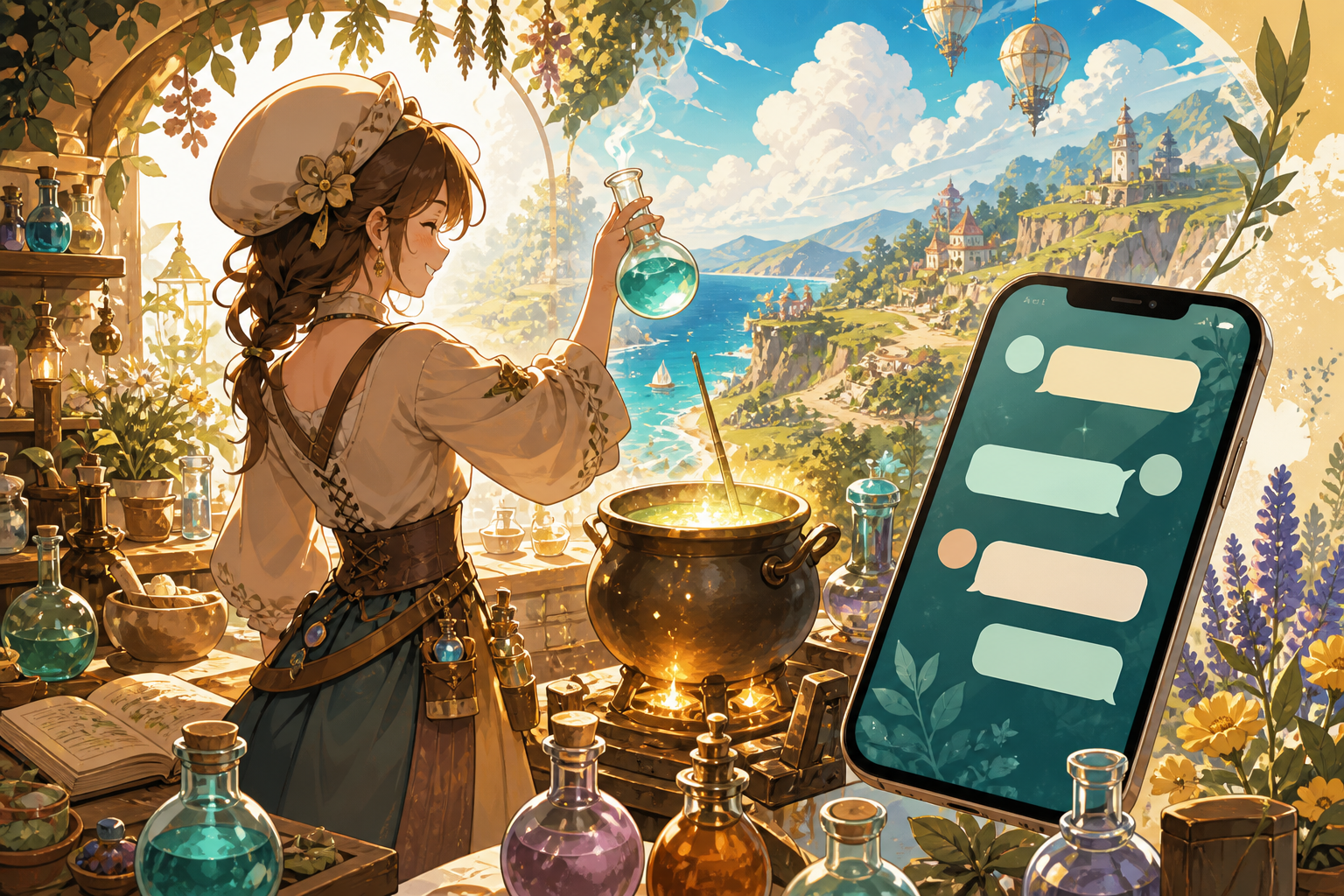 AIチャットRPGでキャラクターと会話しながら冒険するスマートフォン画面のビジュアル