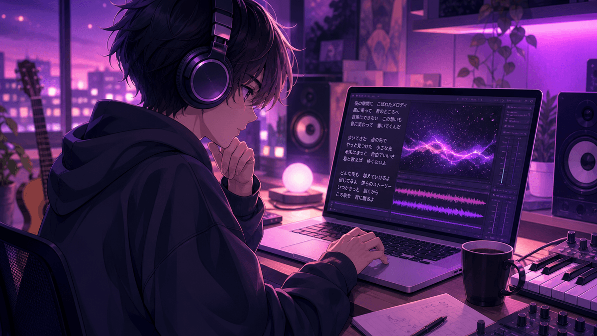 ヘッドホンをつけて日本語の歌詞と波形から曲を試すクリエイターを描いたアニメ調キービジュアル
