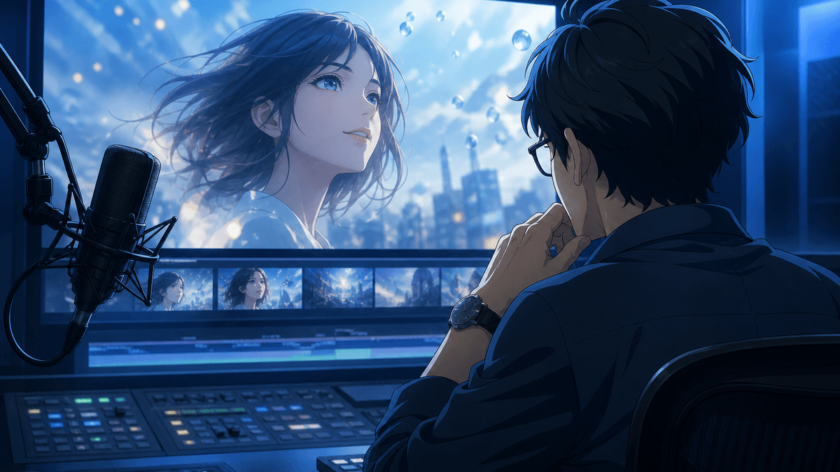 放送用CM映像をAIで生成する制作卓とディレクターを描いたアニメ調キービジュアル
