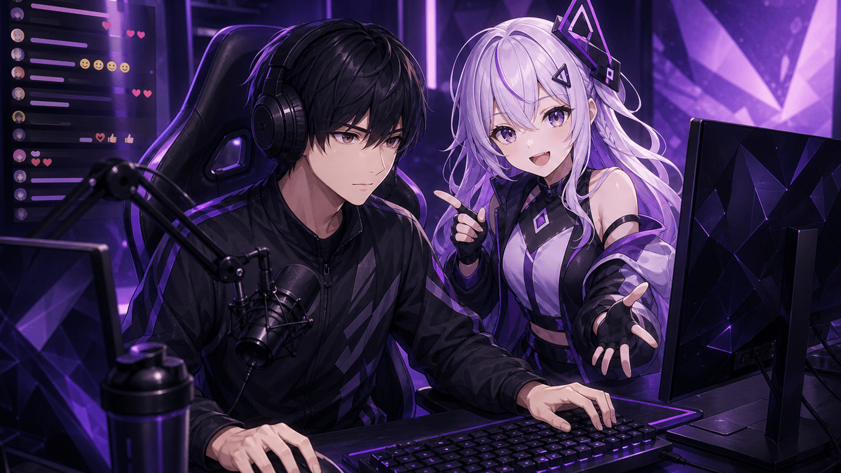 eスポーツチームの配信ブースでAITuberと選手が共演する様子を描いたアニメ調キービジュアル