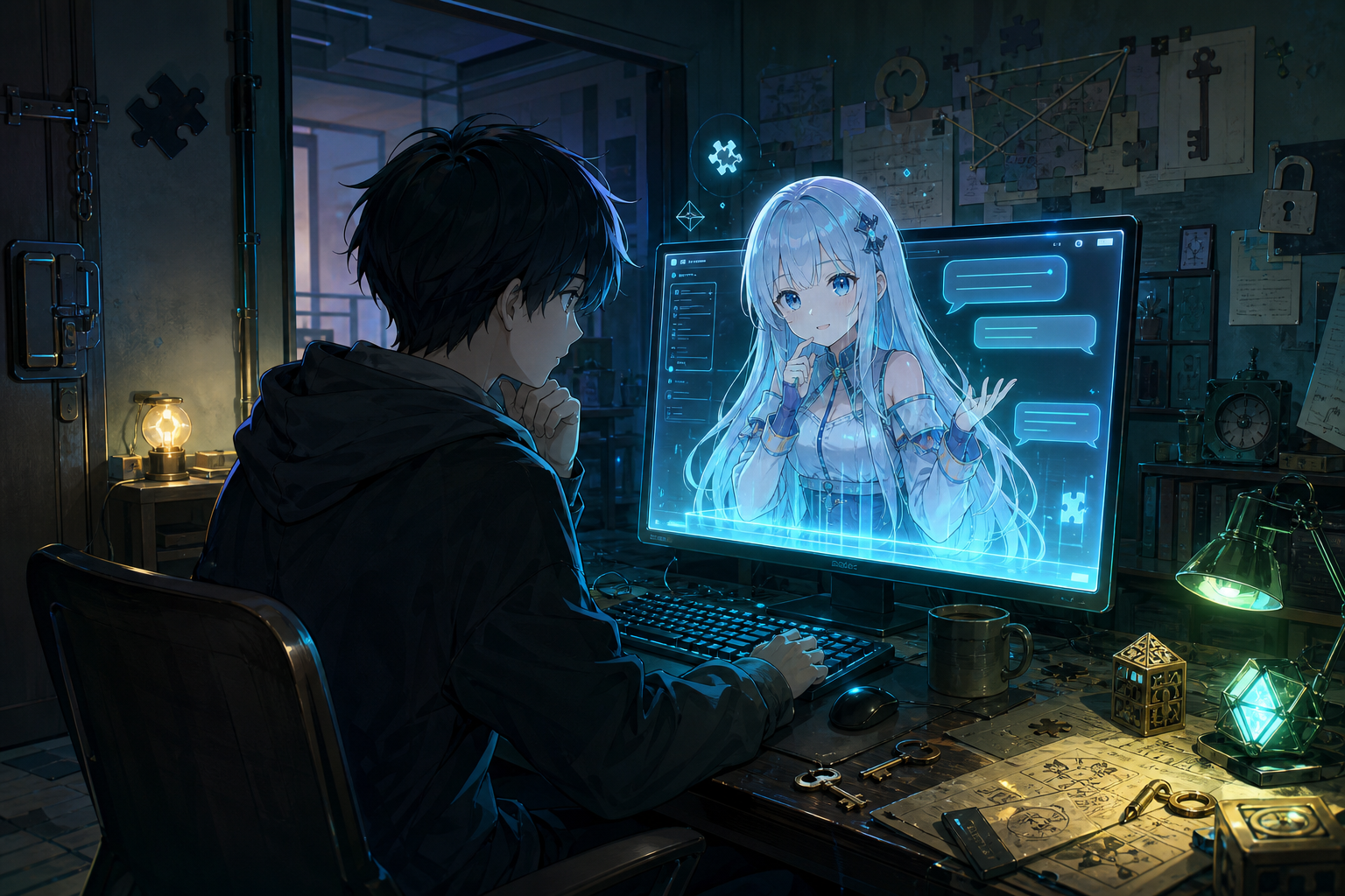 AI NPCと会話しながら脱出ルートを探すプレイヤーを描いたアニメ調キービジュアル