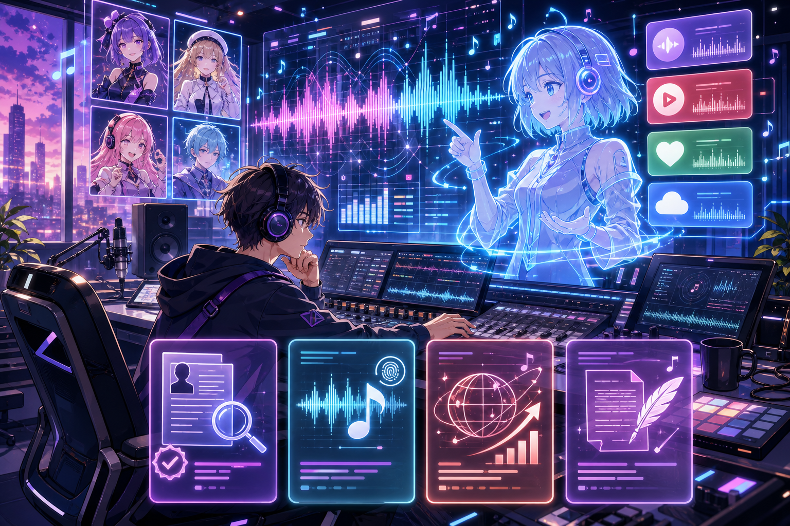 AI音楽の制作卓、配信画面、バーチャル歌手、透明性ラベルを一週間のニュースとして並べたアニメ調キービジュアル
