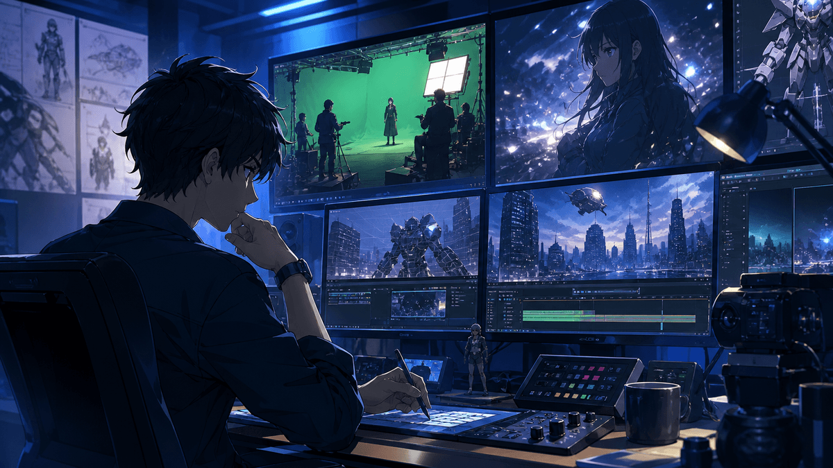 実写・アニメ・3DCGを組み合わせるAI映像制作の編集卓を描いたアニメ調キービジュアル