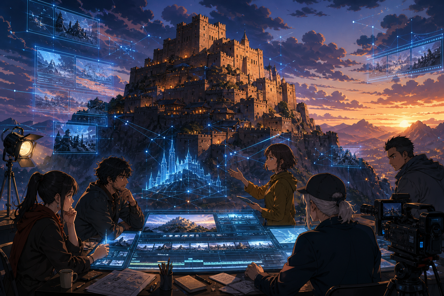 歴史的な山上の城塞とAI映像制作の編集卓を描いたアニメ調キービジュアル