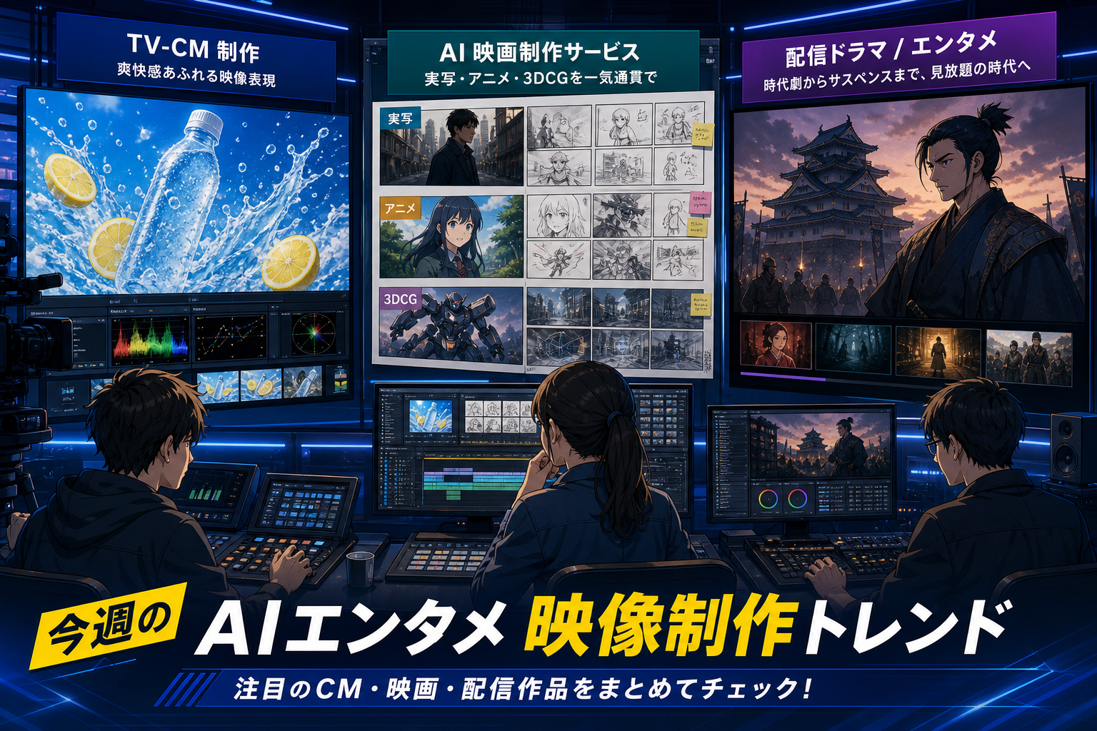 テレビCMの制作卓、AI映像サービスの絵コンテ、配信シリーズの城塞シーンを一週間のニュースとして並べたアニメ調キービジュアル