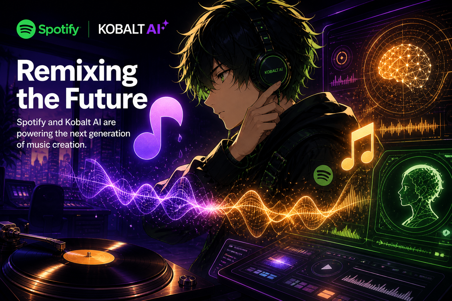 SpotifyのAIカバー・リミックス制作画面とソングライターの楽曲管理を描いたアニメ調キービジュアル