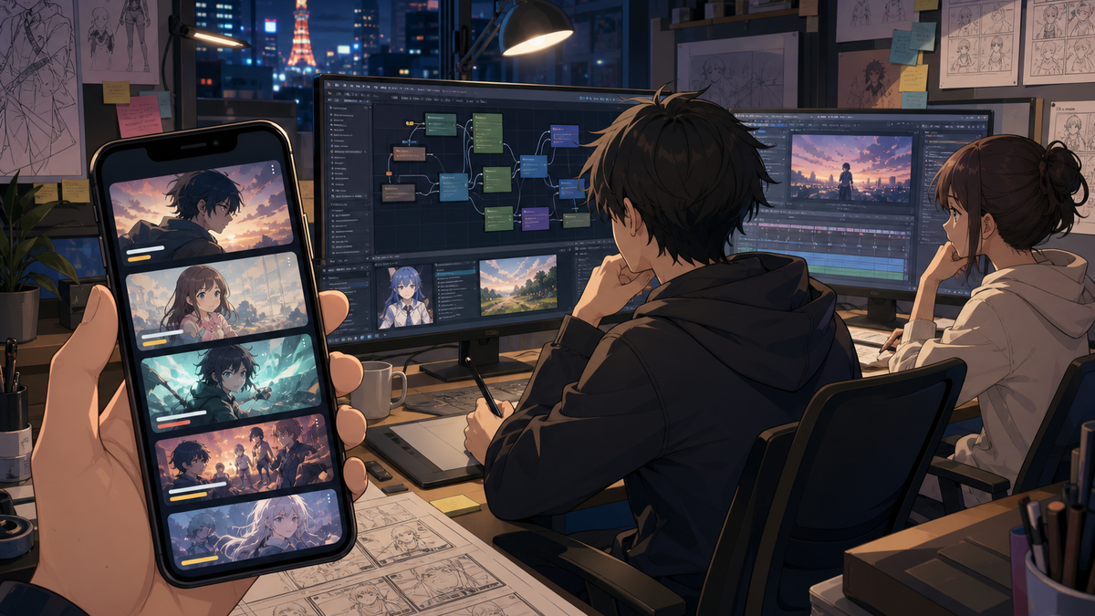 AIアニメスタジオの制作卓とスマートフォン上のショートアニメ配信画面を描いたアニメ調キービジュアル