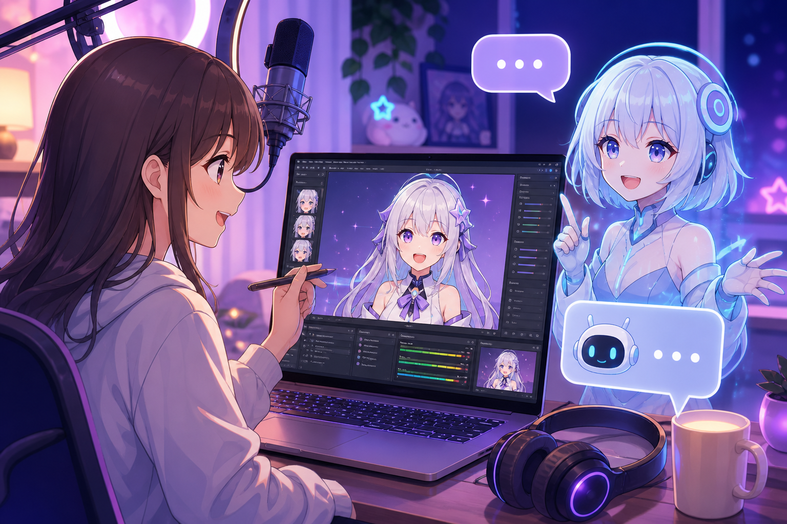 配信デスクでVTuberモデルとAIアシスタントが並んで会話する様子を描いたアニメ調キービジュアル