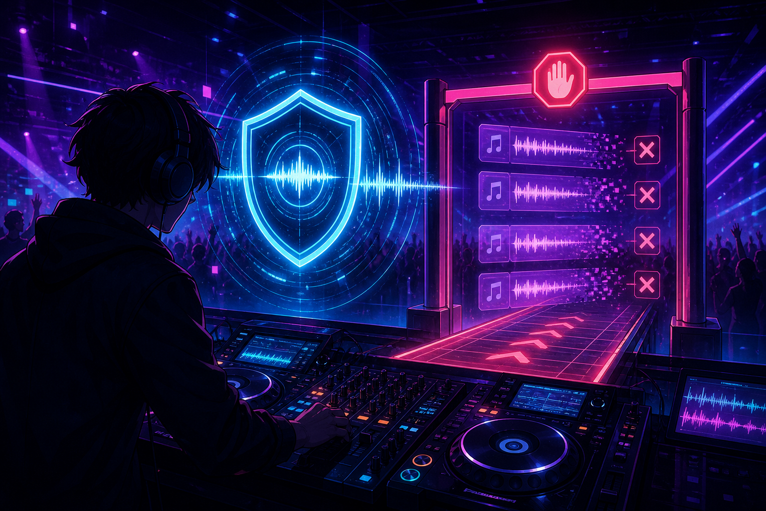 DJブースとAI音楽検知の波形スキャンを描いたアニメ調キービジュアル