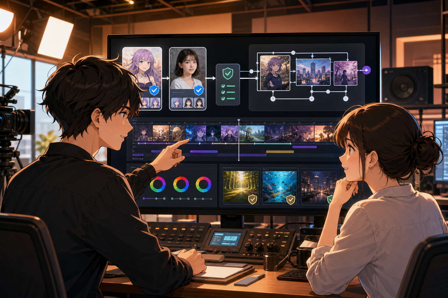 権利処理済みキャラクターアセットを使ってAI映像を生成する制作スタジオを描いたアニメ調キービジュアル