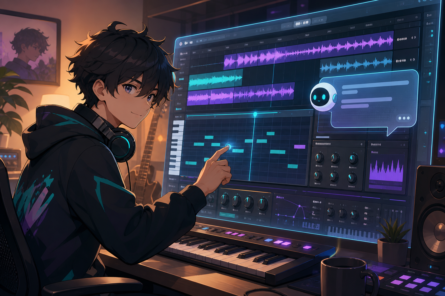 ブラウザ上のDAW画面とMIDIキーボード、AIチャット協働を描いたアニメ調キービジュアル