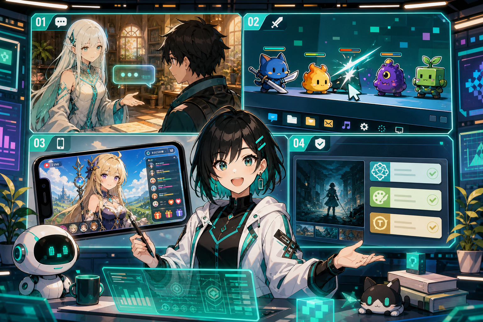 AI NPCとの会話、タスクバーの小型モンスター、配信画面、SteamのAI開示パネルを一週間のニュースとして並べたアニメ調キービジュアル
