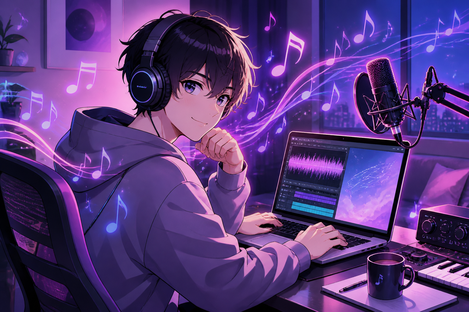 ヘッドホンをつけて日本語歌詞と波形からAI楽曲を試すクリエイターを描いたアニメ調キービジュアル