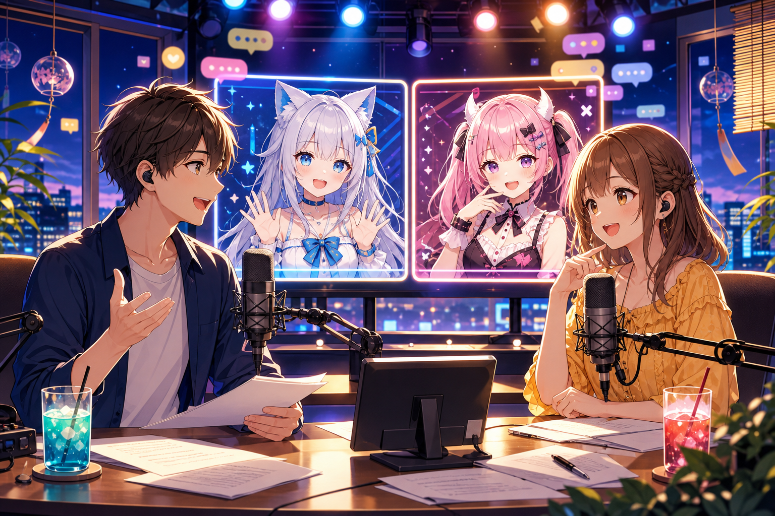 夜の配信スタジオで声優MCとVTuberゲストが大型モニター越しに共演する様子を描いたアニメ調キービジュアル
