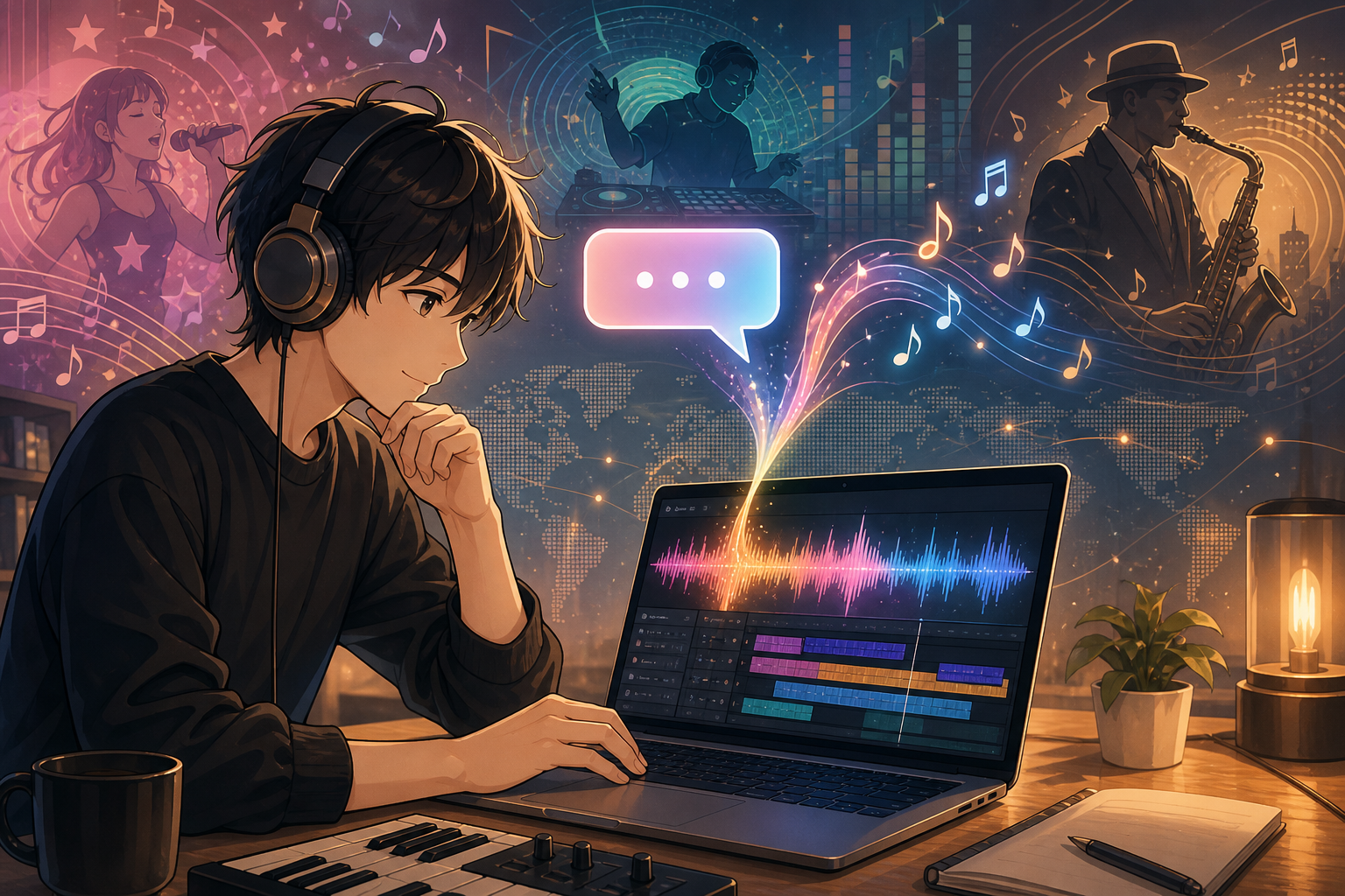 ヘッドホンをつけて自然言語プロンプトからAI楽曲を試すクリエイターを描いたアニメ調キービジュアル