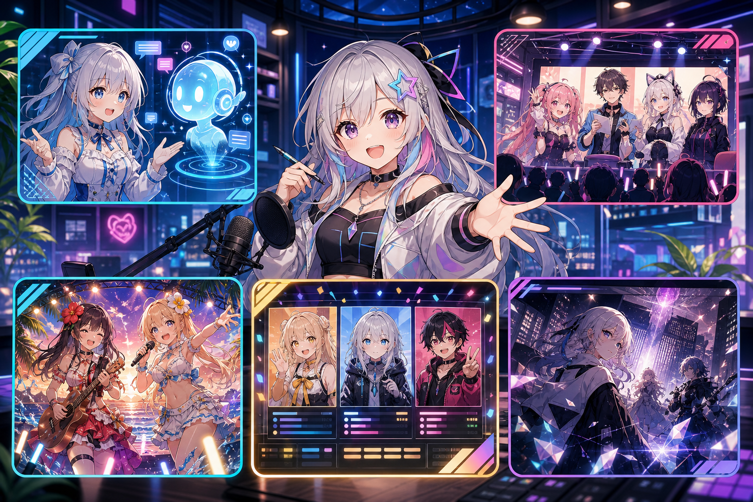 AIアシスタント、VTuber番組コラボ、初配信リレー、バーチャルライブ、海外向けMV公開を一週間のニュースとして並べたアニメ調キービジュアル