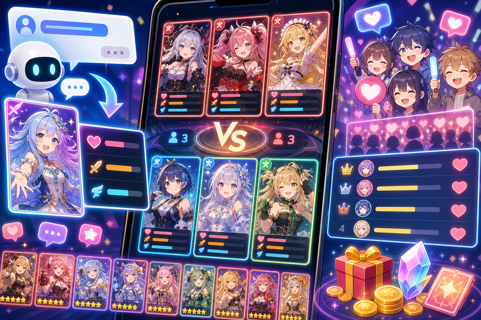 スマートフォン上でAIチャットから推しのカードが育ち、3対3のカードバトルに展開する様子を描いたアニメ調キービジュアル