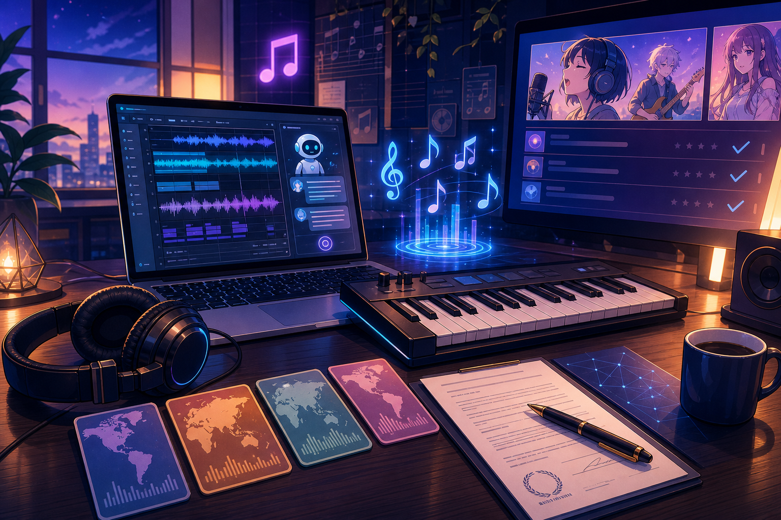 AI音楽の制作卓、配信審査画面、ライセンス契約書、自然言語プロンプトを一週間のニュースとして並べたアニメ調キービジュアル