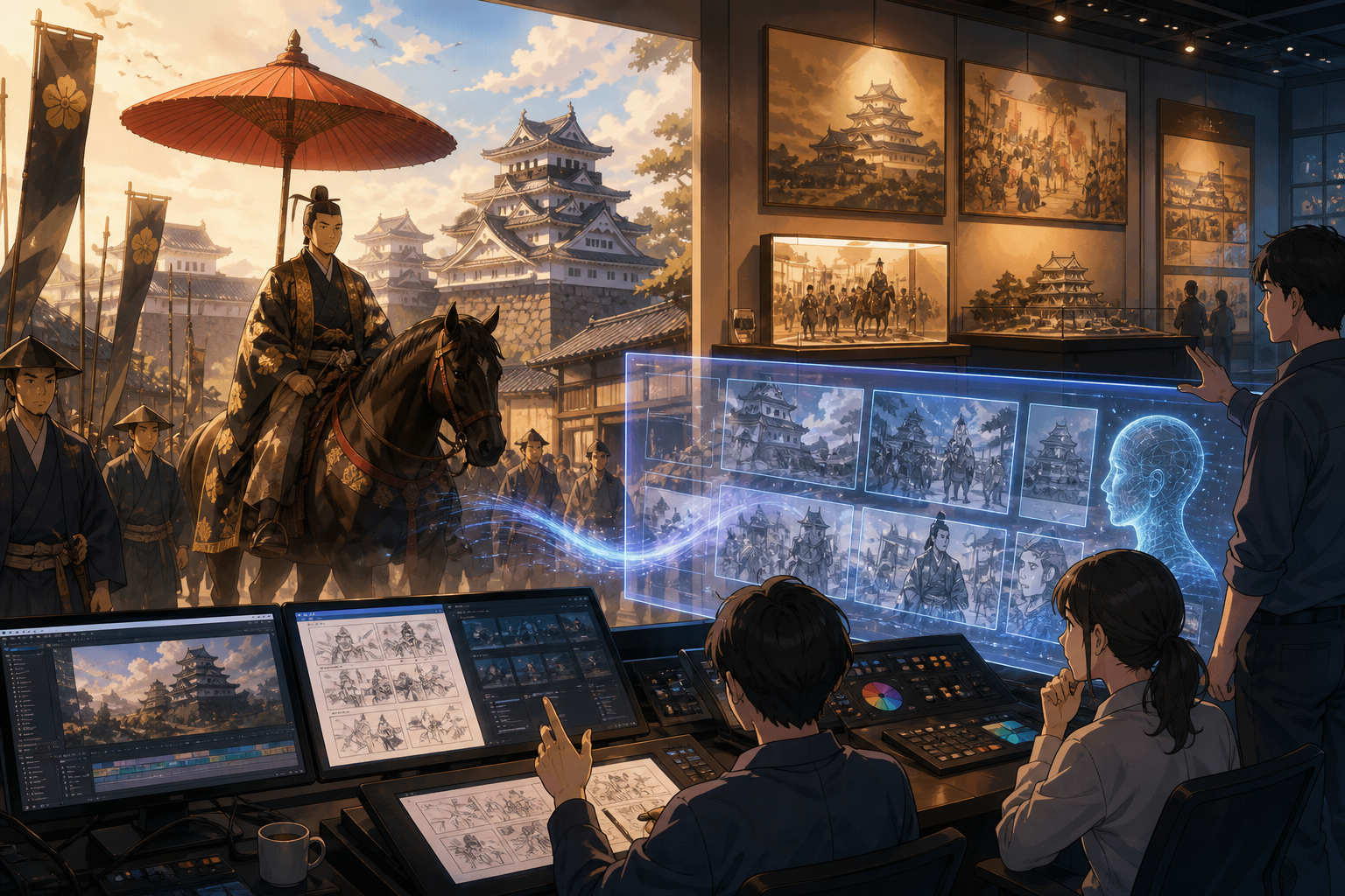 AI映像スタジオの制作卓と江戸時代の展示アニメーションが重なる様子を描いたアニメ調キービジュアル