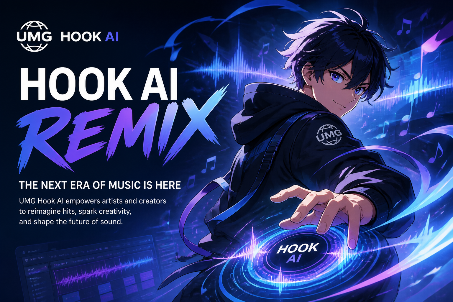 スマホで公式楽曲をリミックスするファンと、UMG・Hookの提携を示すアニメ調キービジュアル