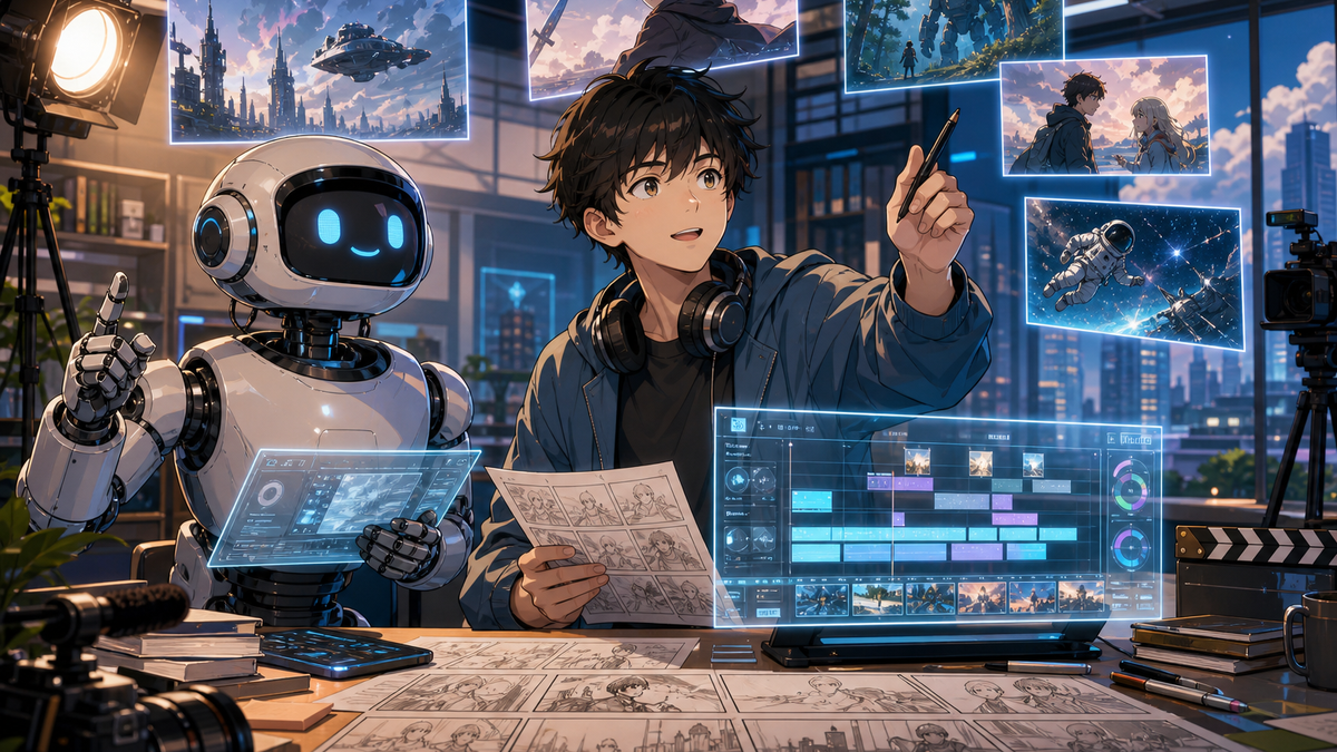 レトロフューチャーなロボットと若い映像クリエイターがAI制作スタジオで短編SF映像を企画する様子を描いたアニメ調キービジュアル