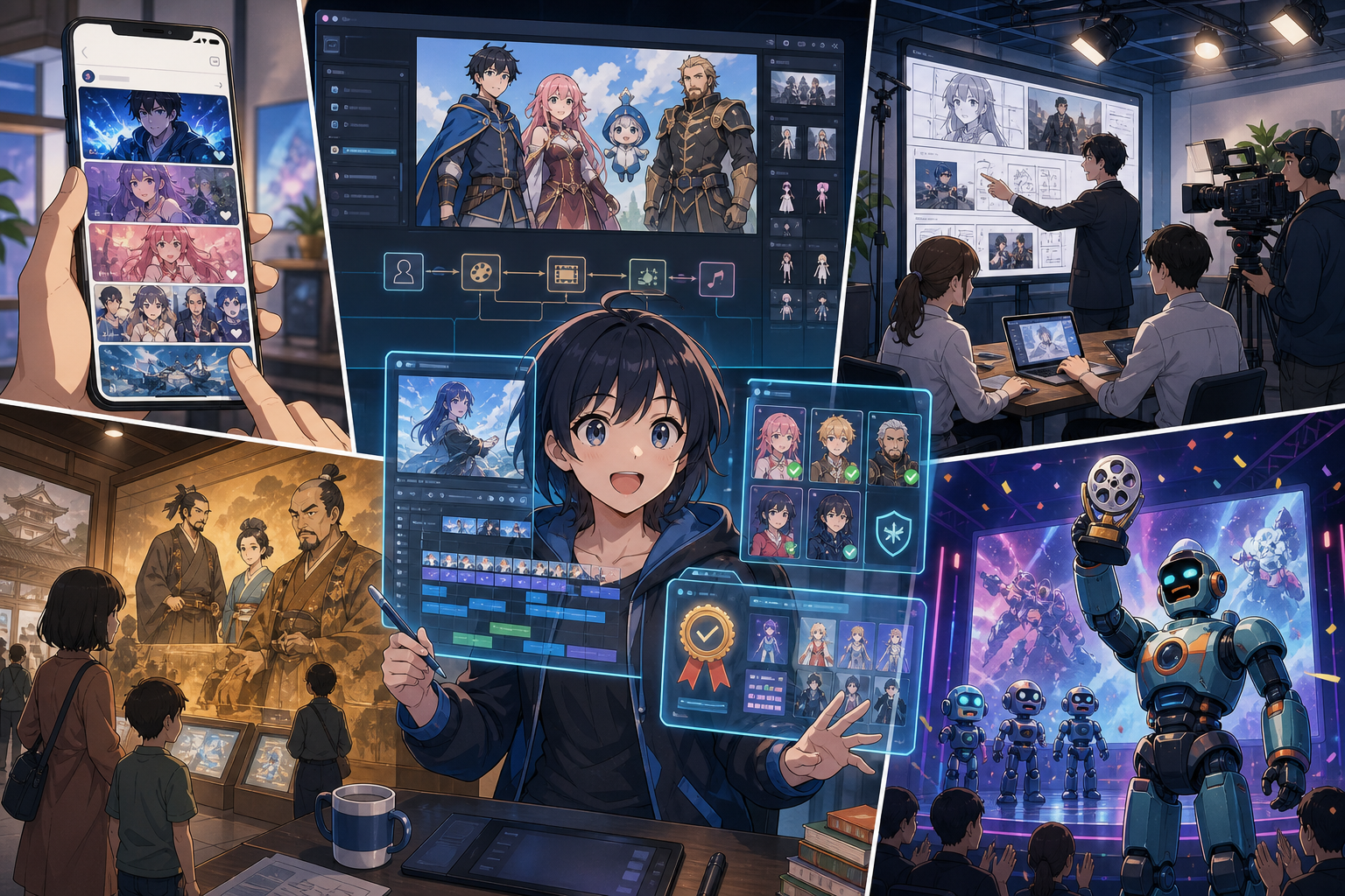 AIアニメ配信画面、権利処理済みIP制作ツール、企業映像スタジオ、展示アニメ、ロボット短編コンテストを一週間のニュースとして並べたアニメ調キービジュアル