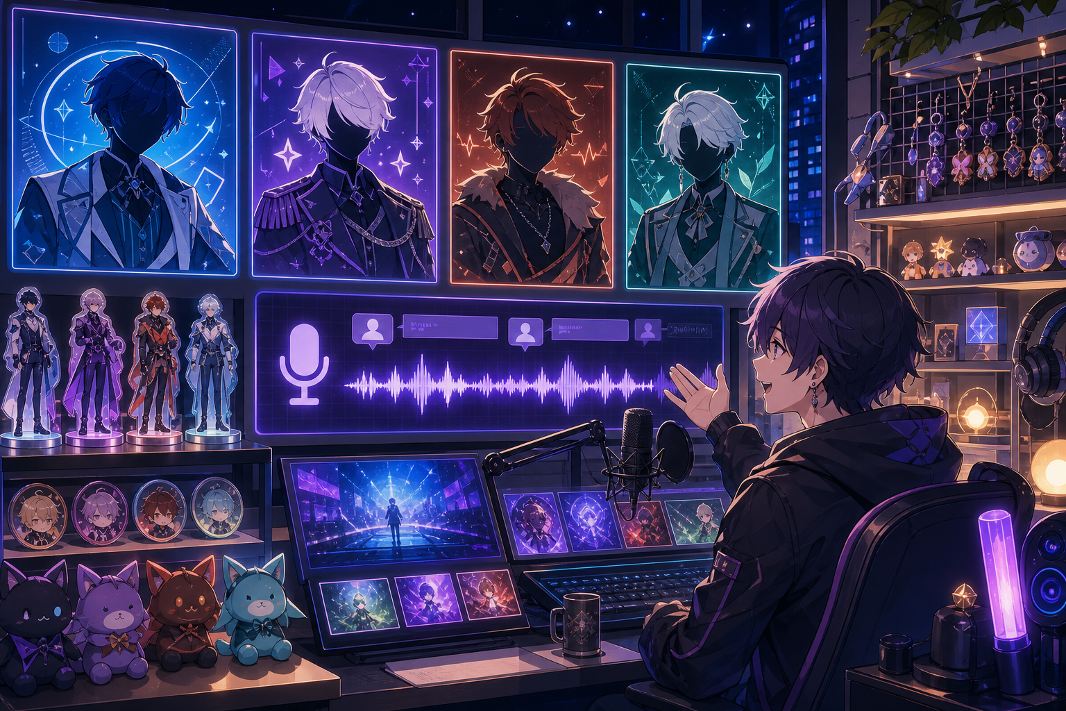 近未来の公式ストア画面と配信スタジオを背景に、男性VTuberユニットのボイスドラマとグッズ展開を象徴的に描いたアニメ調キービジュアル