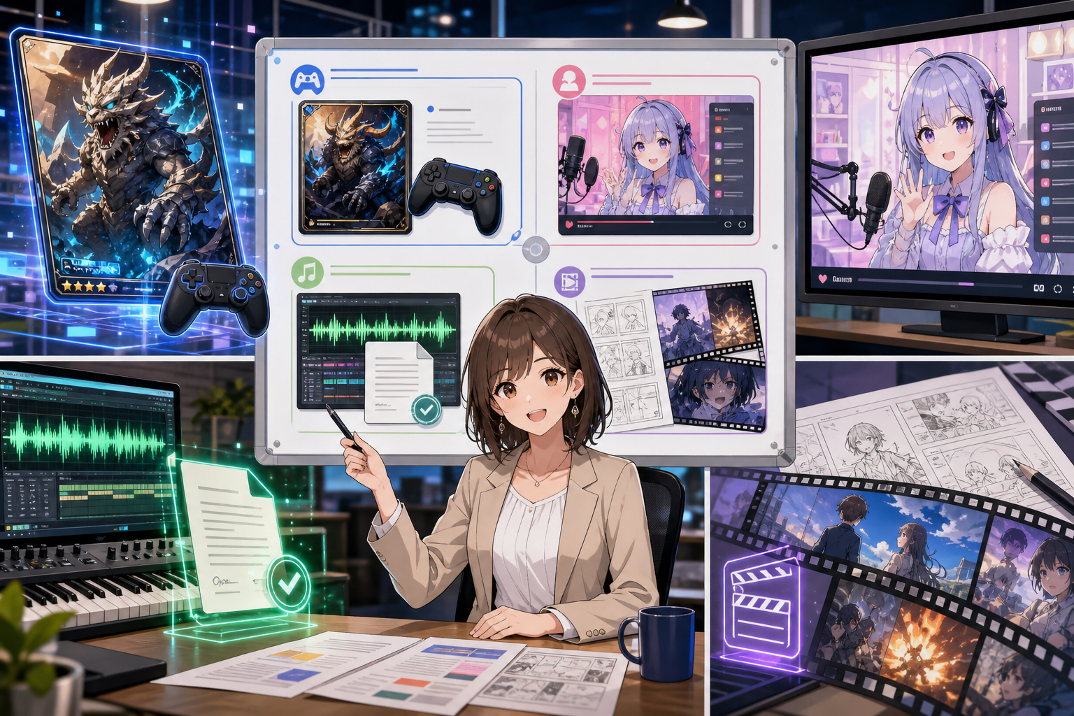 AIゲーム、VTuber配信、AI音楽制作、AI映像制作をニュースデスクで整理するアニメ調の週次ダイジェストイラスト