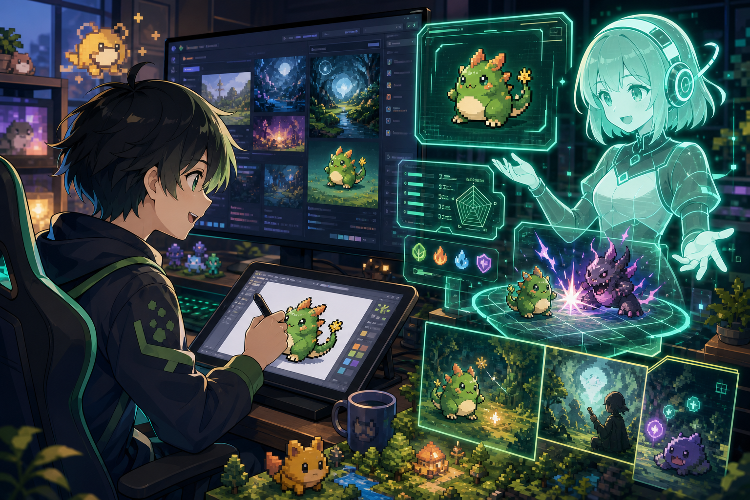 プレイヤーがタブレットに描いたドット絵モンスターをホログラムAIが解析し、バトル能力へ変換している様子を描いたアニメ調キービジュアル