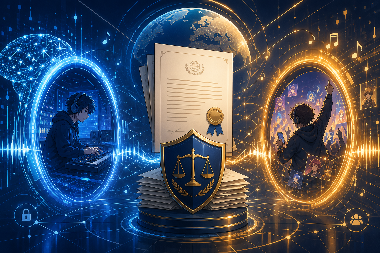 特許文書と音楽波形、AIネットワークが融合するアニメ調キービジュアル