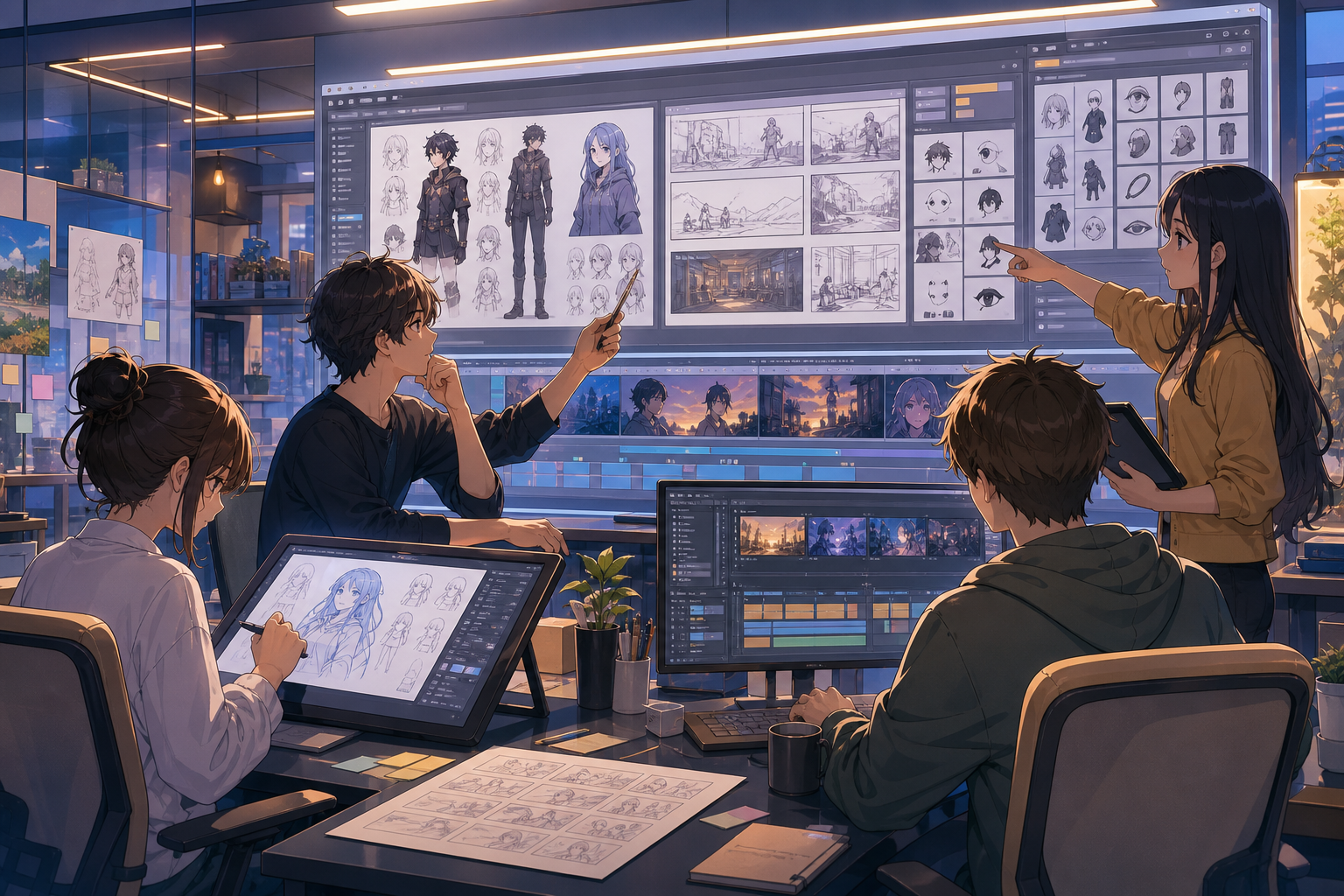 AIアニメ制作プラットフォーム上でキャラクターシート、絵コンテ、映像カットをチームで管理する様子を描いたアニメ調キービジュアル