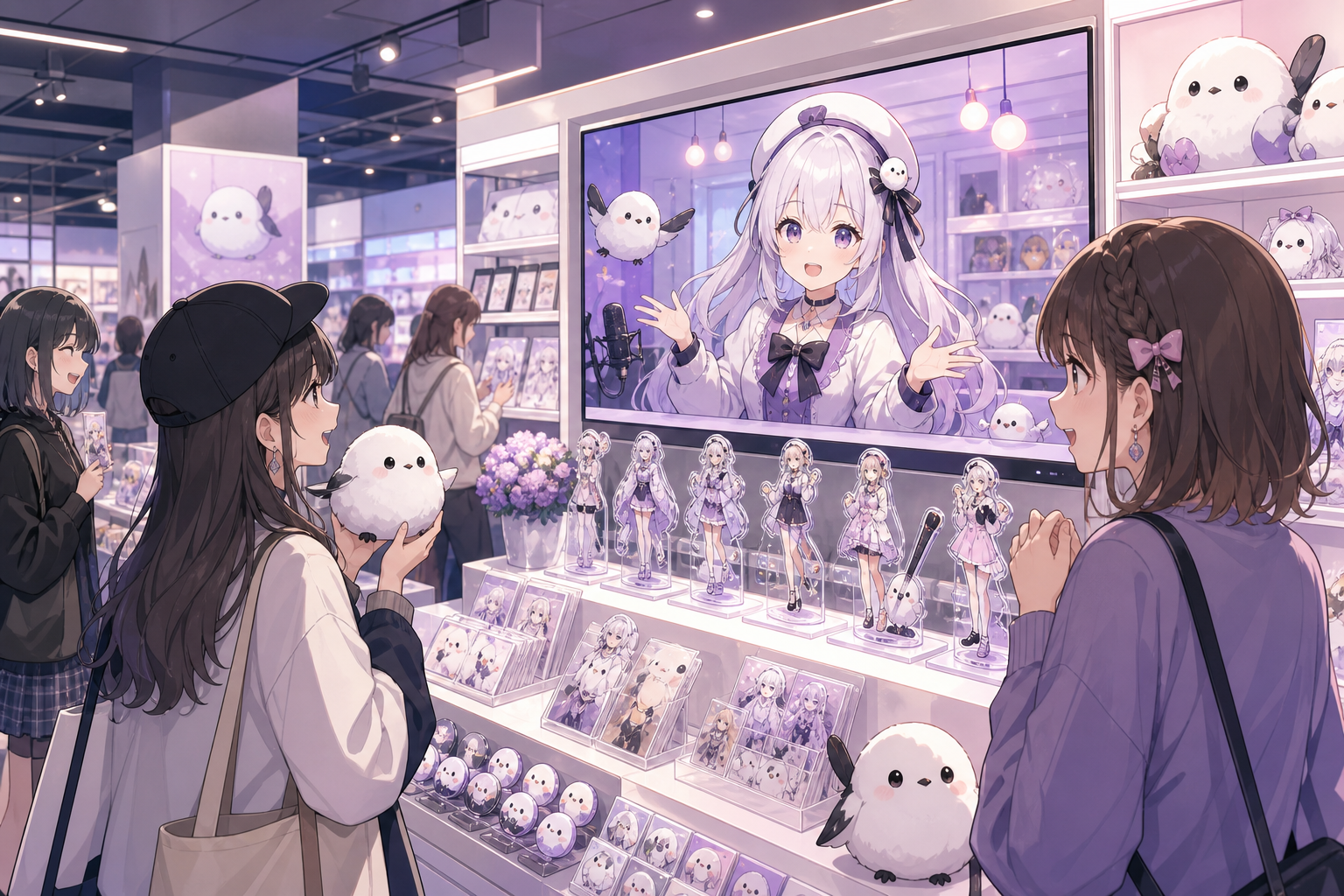 渋谷のポップアップショップで、店頭モニターに登場するVTuberと白い小鳥キャラクターのグッズ棚を楽しむファンを描いたアニメ調キービジュアル