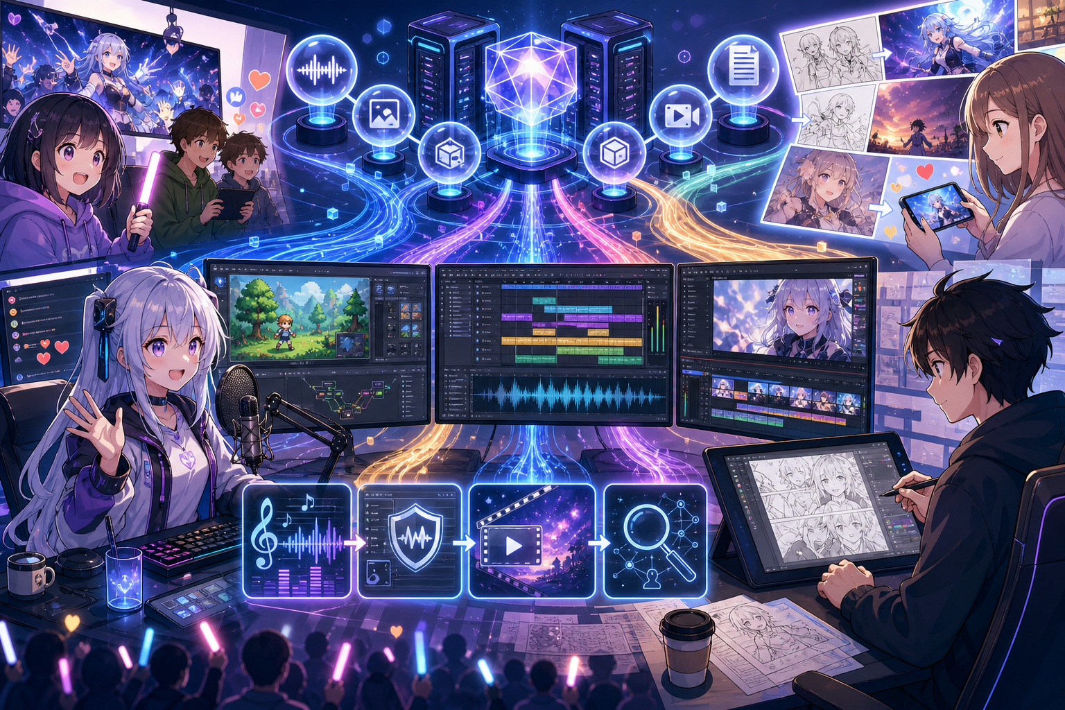 基盤AIからVTuber配信、ゲーム制作、音楽DAW、AIアニメ制作へ光の流れがつながるアニメ調キービジュアル