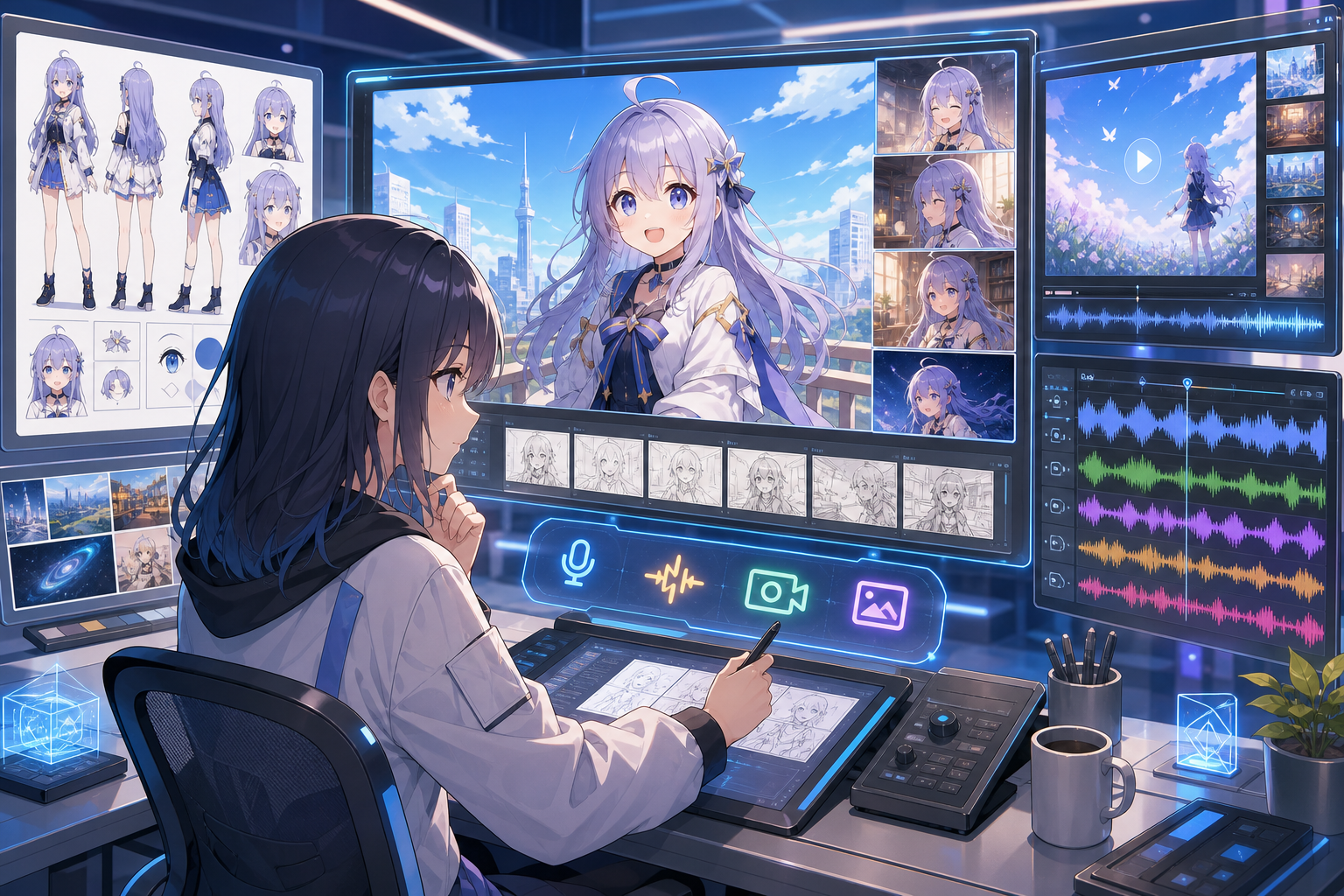 AIアニメ制作ワークスペースで映像カット、キャラクター設定、音声波形を同時に管理する様子を描いたアニメ調キービジュアル