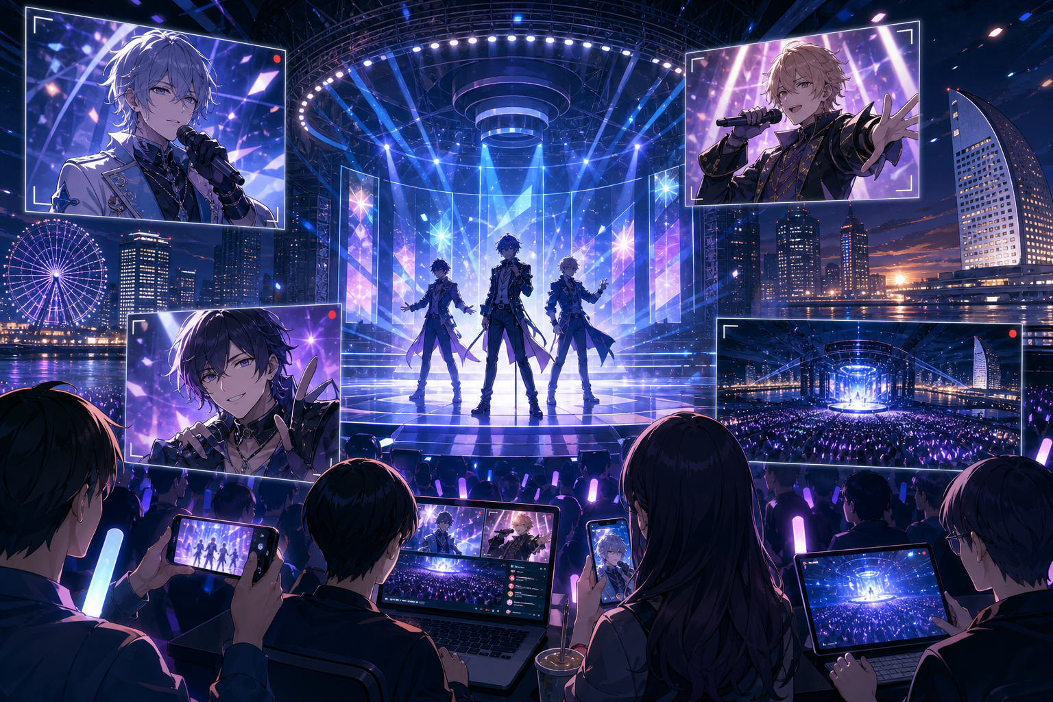 横浜のライブ会場で3人の男性VTuberがステージに立ち、複数の配信カメラ映像をスマートフォンで楽しむファンを描いたアニメ調キービジュアル