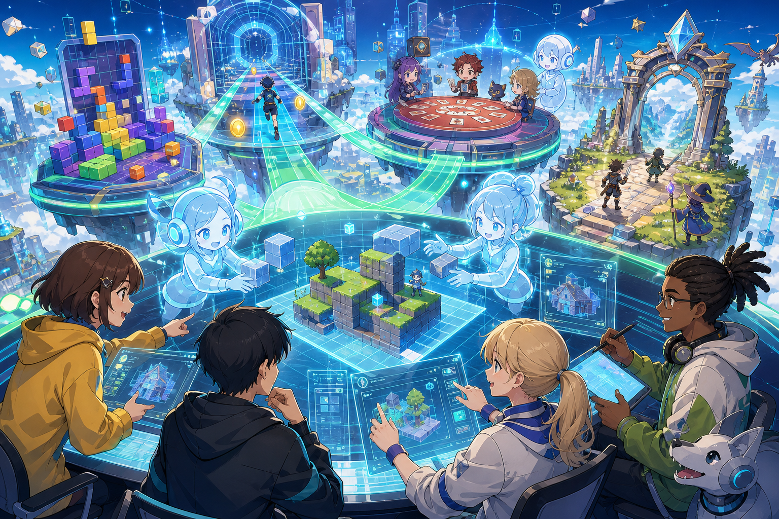 未来的なゲームハブに複数のミニゲームポータルが並び、AIホログラムが3D素材やレベルを組み立てる様子を描いたアニメ調キービジュアル