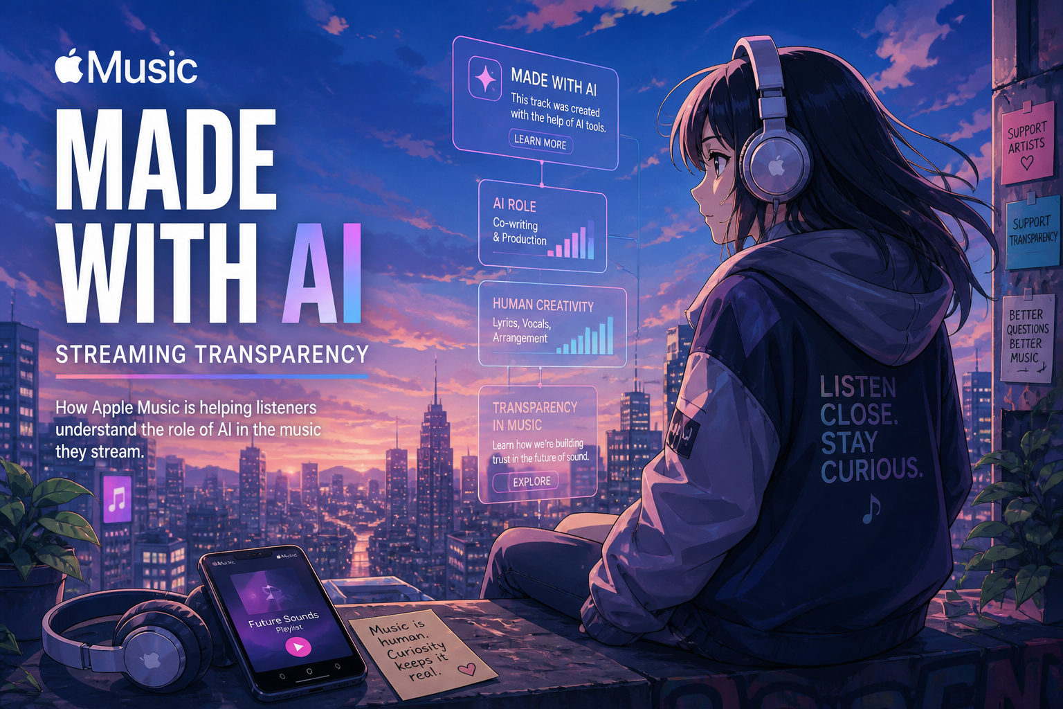 スマートフォンのApple Music画面とAIラベル、音楽波形が融合するアニメ調キービジュアル