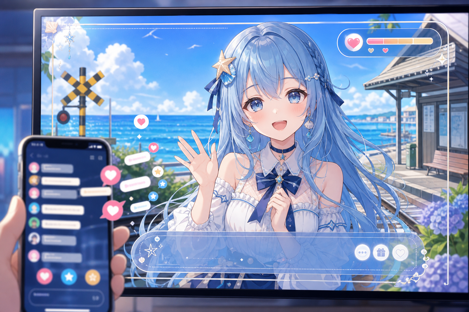 夏の海辺の町を背景に、スマートフォンのコメントがAI VTuberの配信画面へ届き、関係性メーターが変化する様子を描いたアニメ調キービジュアル