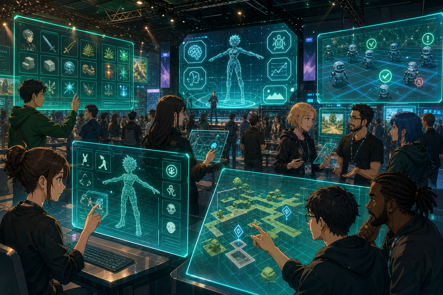 国際ゲーム開発カンファレンスの会場で、AIパネルとゲーム制作ツールが並び、開発者たちがキャラクターやステージの設計を確認しているアニメ調キービジュアル