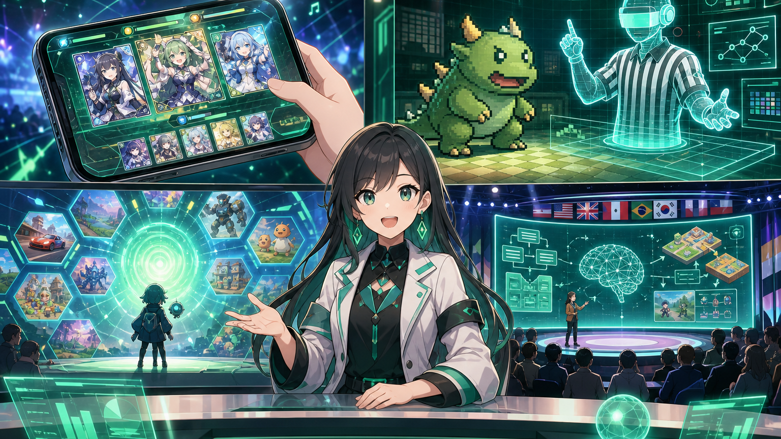 スマートフォンのAIカードバトル、手描きモンスターのAI判定、AI制作ゲームのポータル、国際ゲーム開発カンファレンスを一週間のニュースとして並べたアニメ調キービジュアル