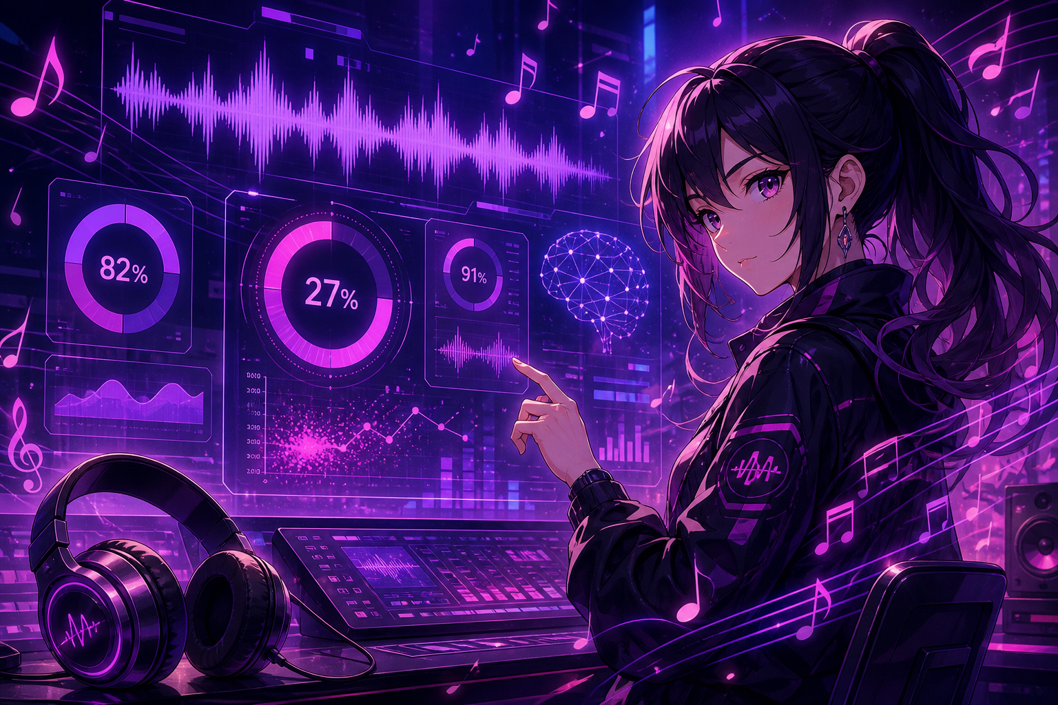 ホログラムの波形グラフとヘッドホンが浮かぶアニメ調のAI音楽分析ダッシュボード