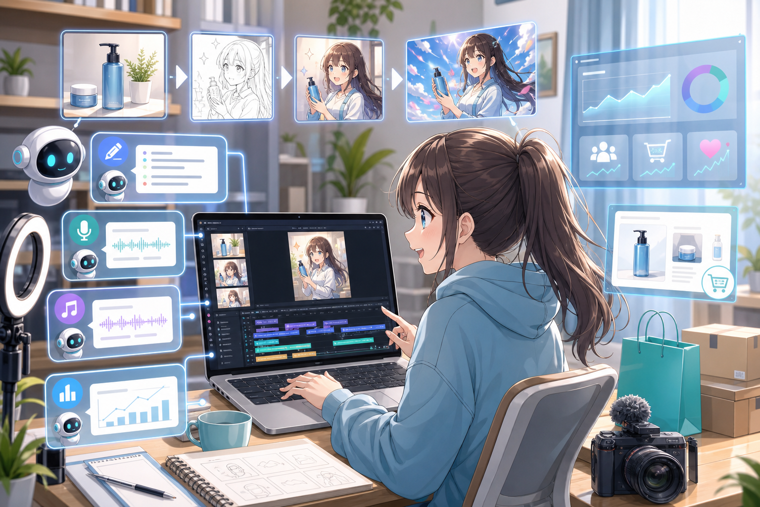商品写真、縦型動画タイムライン、AI台本とナレーションのパネルを前に短尺動画を制作するクリエイターを描いたアニメ調キービジュアル