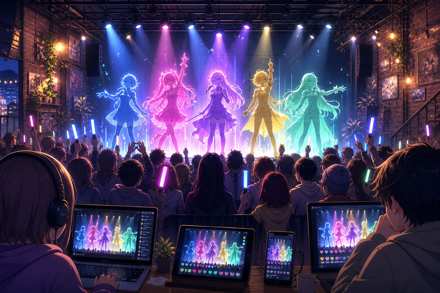 吉祥寺のライブハウス風ステージで複数のVSingerが歌い、会場の観客とスマートフォン越しの視聴者が同時に楽しむ様子を描いたアニメ調キービジュアル