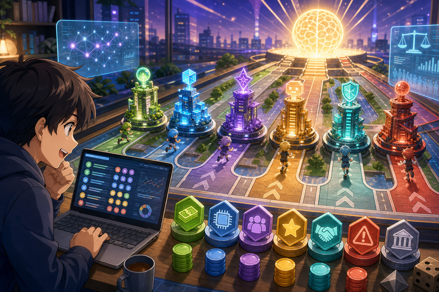 未来的なボードゲーム卓で、プレイヤーが6つのAIラボを率いて資金や計算資源などのトークンを管理し、AGI到達を競う様子を描いたアニメ調キービジュアル
