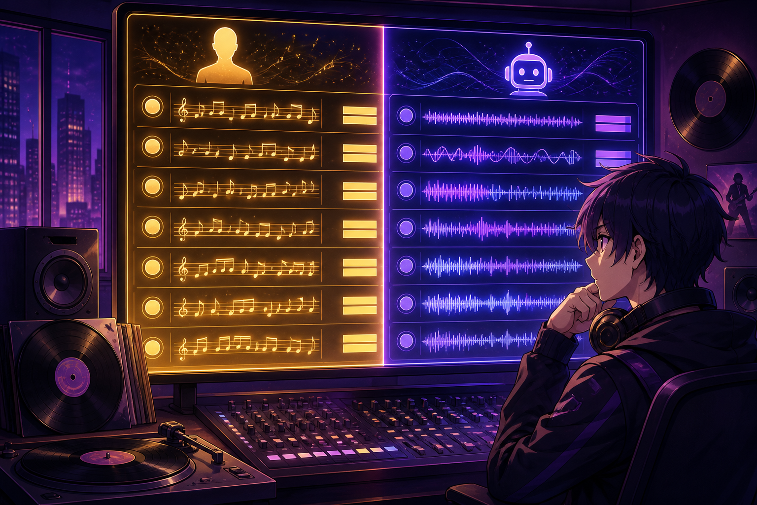 アニメ調の音楽チャート画面にAIと人間の音符が分かれて並ぶイラスト