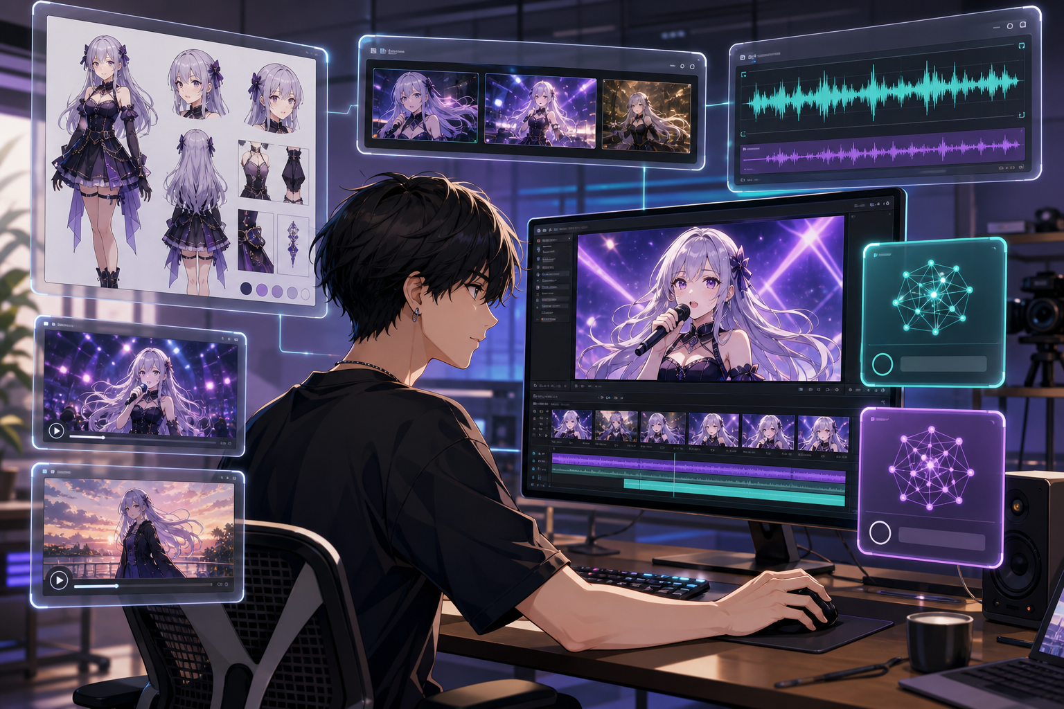 参照画像、動画、音声のパネルを並べ、同じキャラクターのAIアニメ映像とミュージックビデオを編集するクリエイターを描いたアニメ調キービジュアル