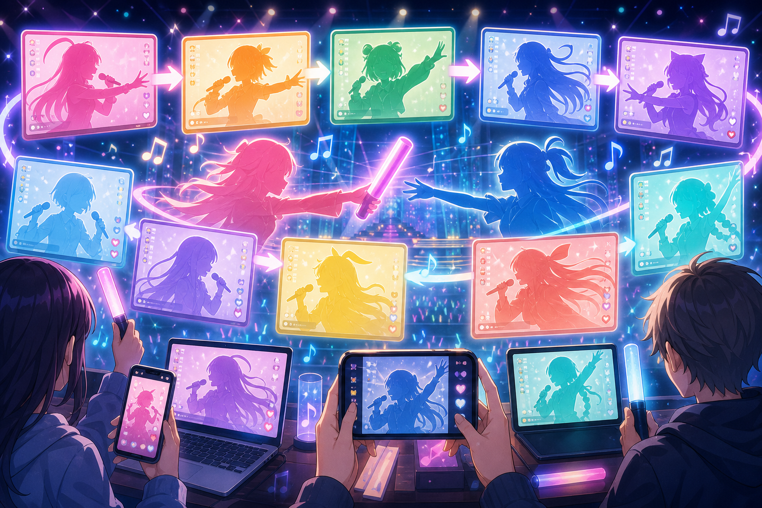 複数のVTuberが歌枠リレーの配信画面をバトンのようにつなぎ、スマートフォンやノートPCで視聴するファンが応援しているアニメ調キービジュアル